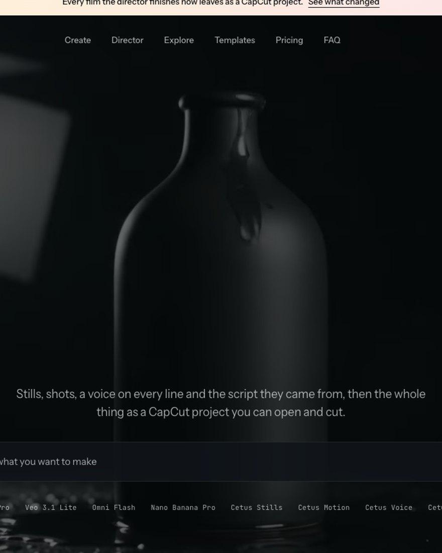 The Cetus composer, dark cinematic hero with a prompt field, captured from the live site